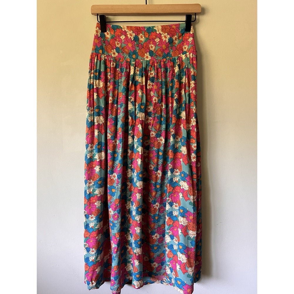 Natural Life Womens Small Maxi Skirt Blue Pink Multi Floral Long Slit Boho